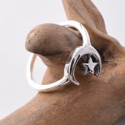 R214 - 925 Silver crescent moon and star ring