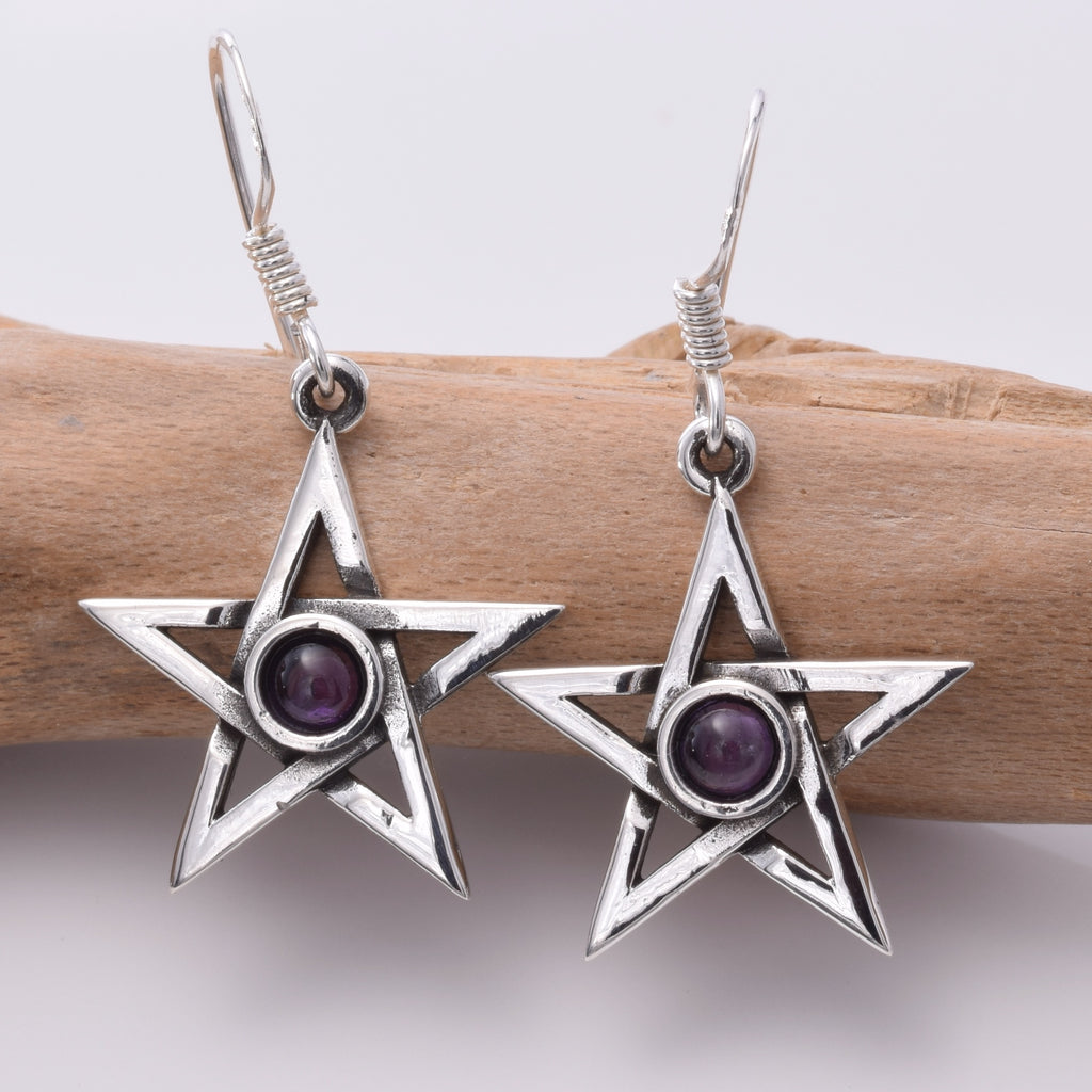 E393 Pentagram and Amethyst earrings