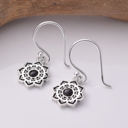 E754 - 925 Silver mandala black agate earrings