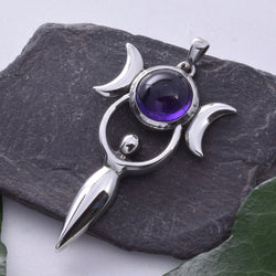 P395 - 925 silver amethyst Goddess with triple moon pendant
