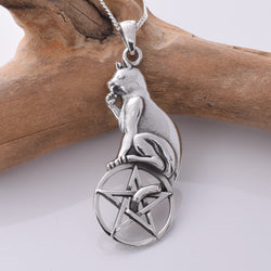 P440 - Cat and Pentagram Silver Pendant