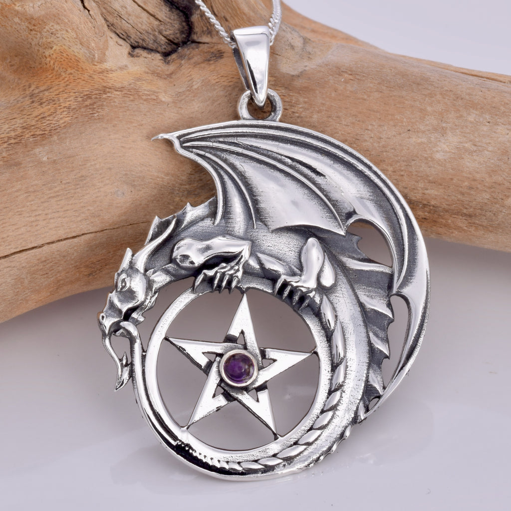 P632 - 925 silver amethyst Dragon and pentagram pendant