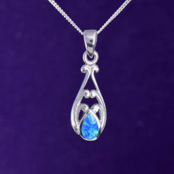 P656 - Silver teardrop blue opal pendant
