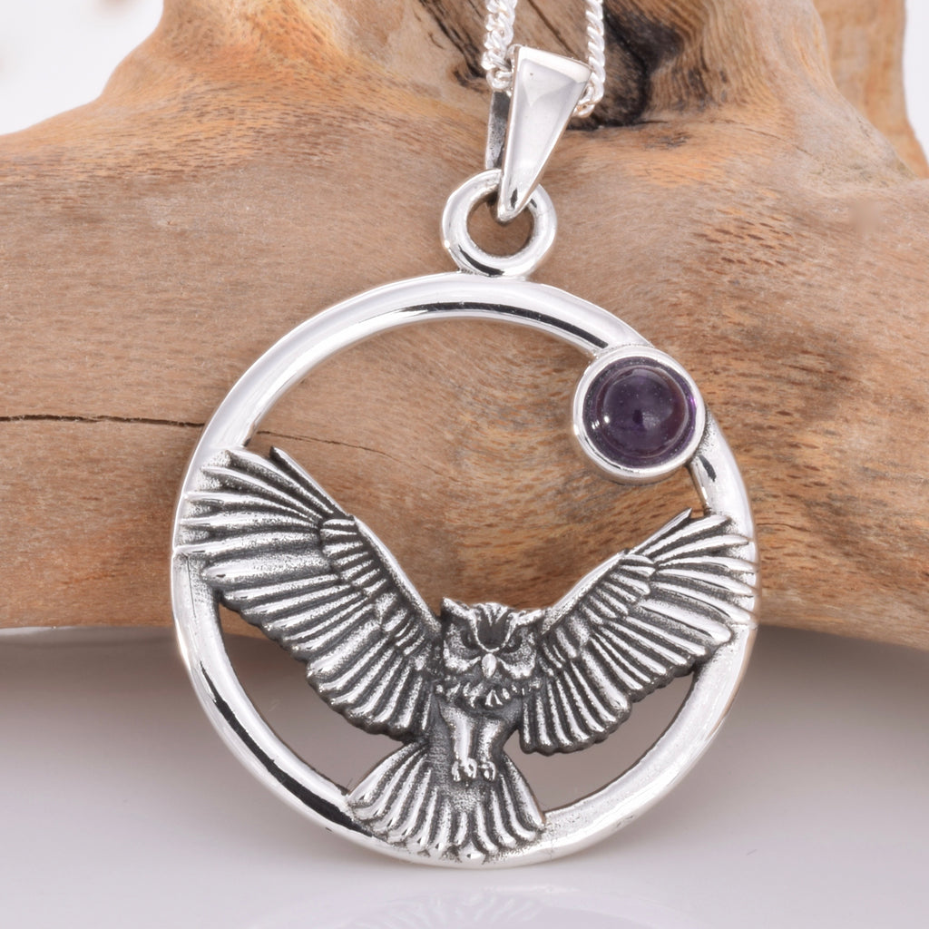 P659 - 925 silver amethyst Owl in flight pendant