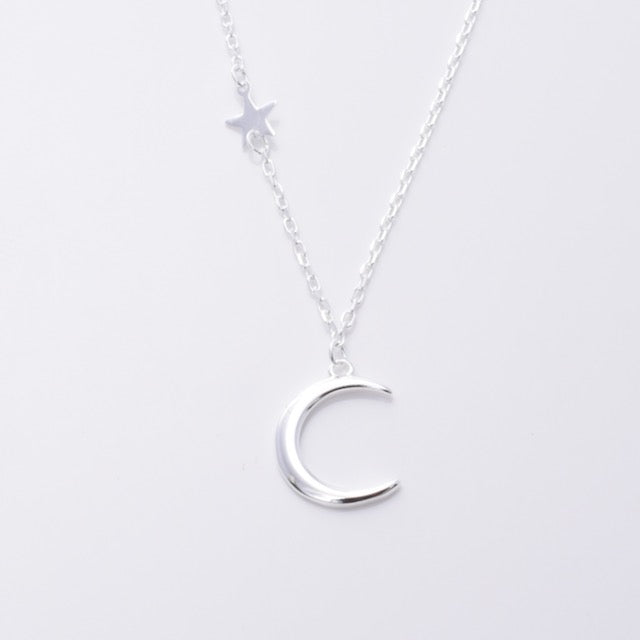 P819- 925 silver Crescent moon and stars chain necklace