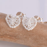S335 - Embroidered silver heart stud earrings